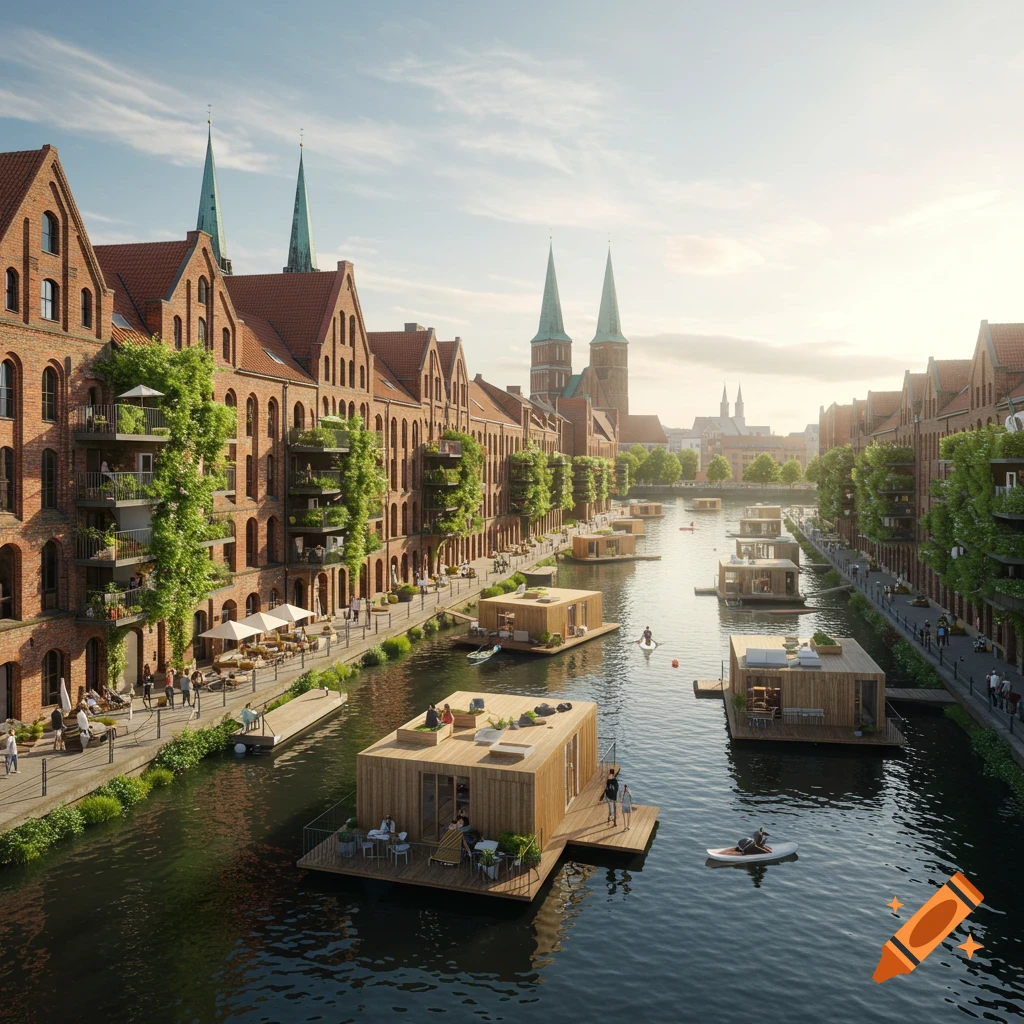 Photorealistic, sunlit futuristic city harbor. Traditional brick buildings with vertical gardens line canals with modern floating homes and people on paddleboards.