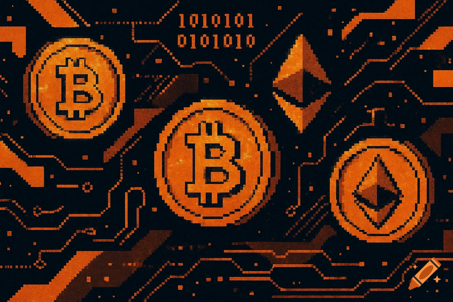 Orange and black pixel art featuring Bitcoin and Ethereum symbols, binary code, and circuit board patterns on a dark background.