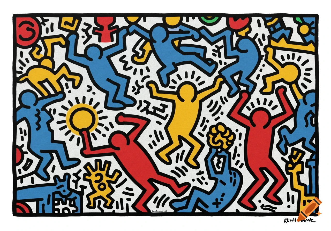 A vibrant Pop Art illustration in the style of Keith Haring, featuring numerous abstract, stylized human figures in red, blue, and yellow on a white background.