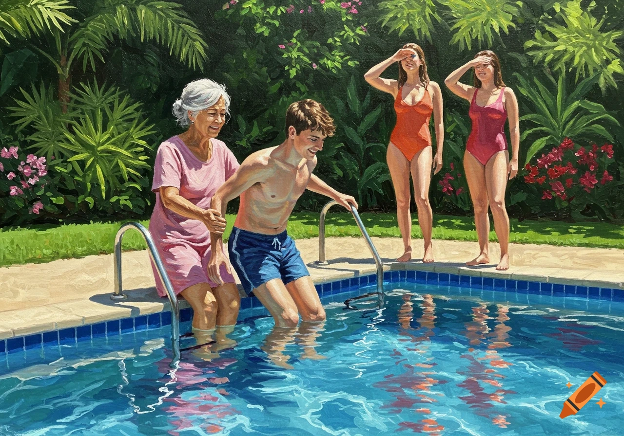 Painted scene of an old woman helping a young man into a pool as two women watch from the side in a tropical garden.