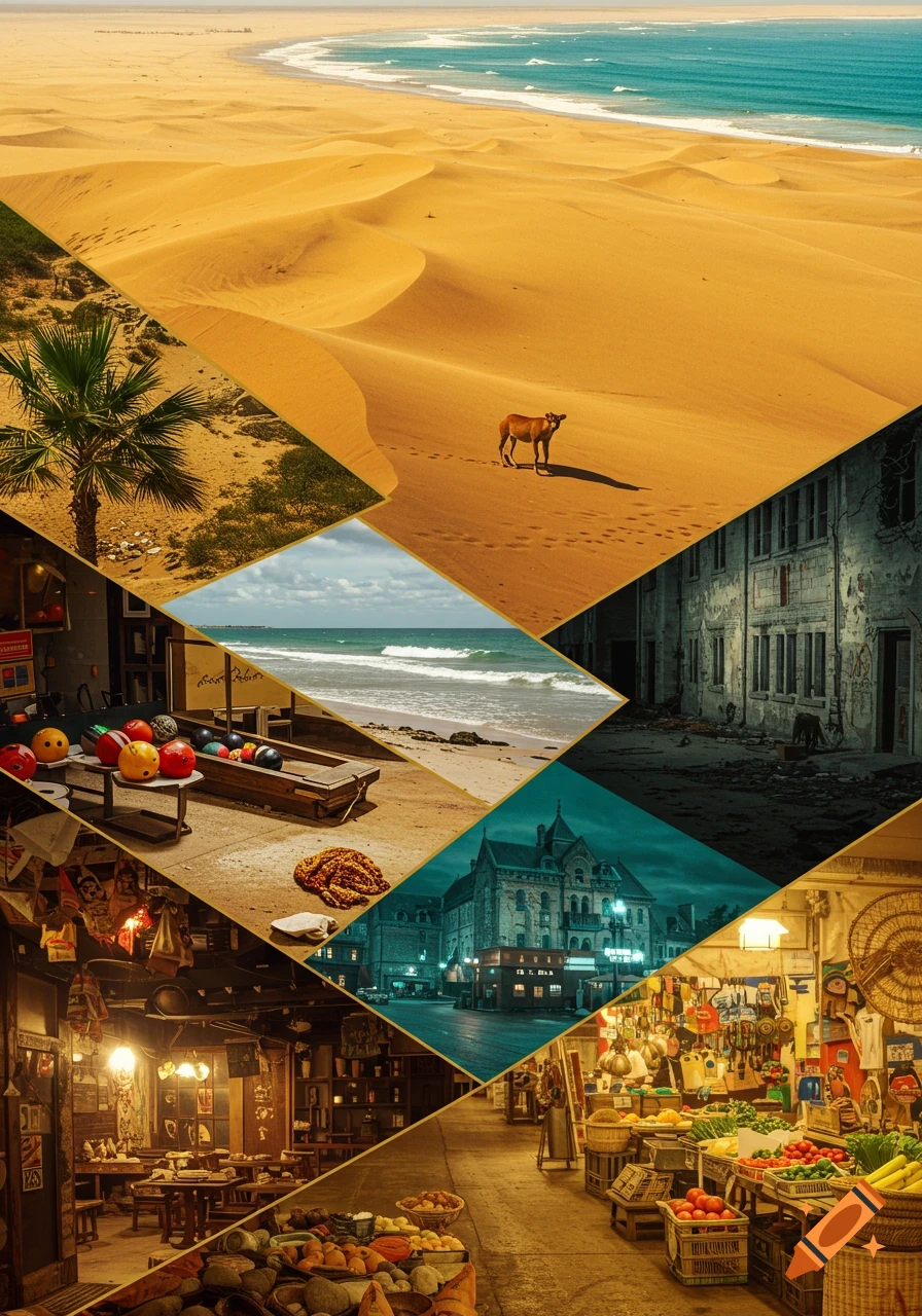 A dynamic collage featuring desert dunes with a cow, a tropical beach, an abandoned asylum, a dim bowling alley, a bustling outdoor market, and a cozy restaurant interior, all seamlessly integrated.