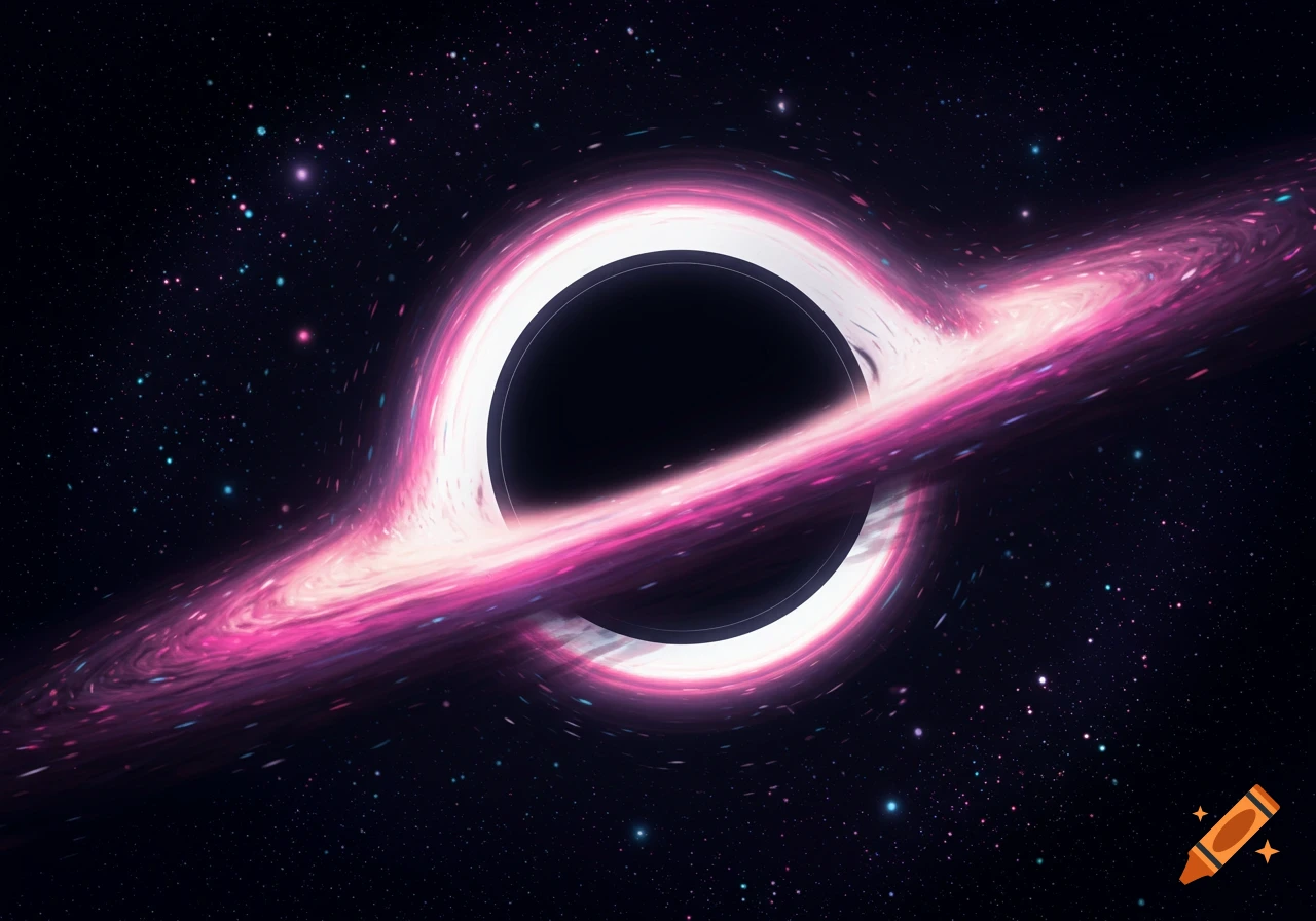 A black hole with a vibrant pink and purple accretion disk, surrounded by scattered stars in deep space.