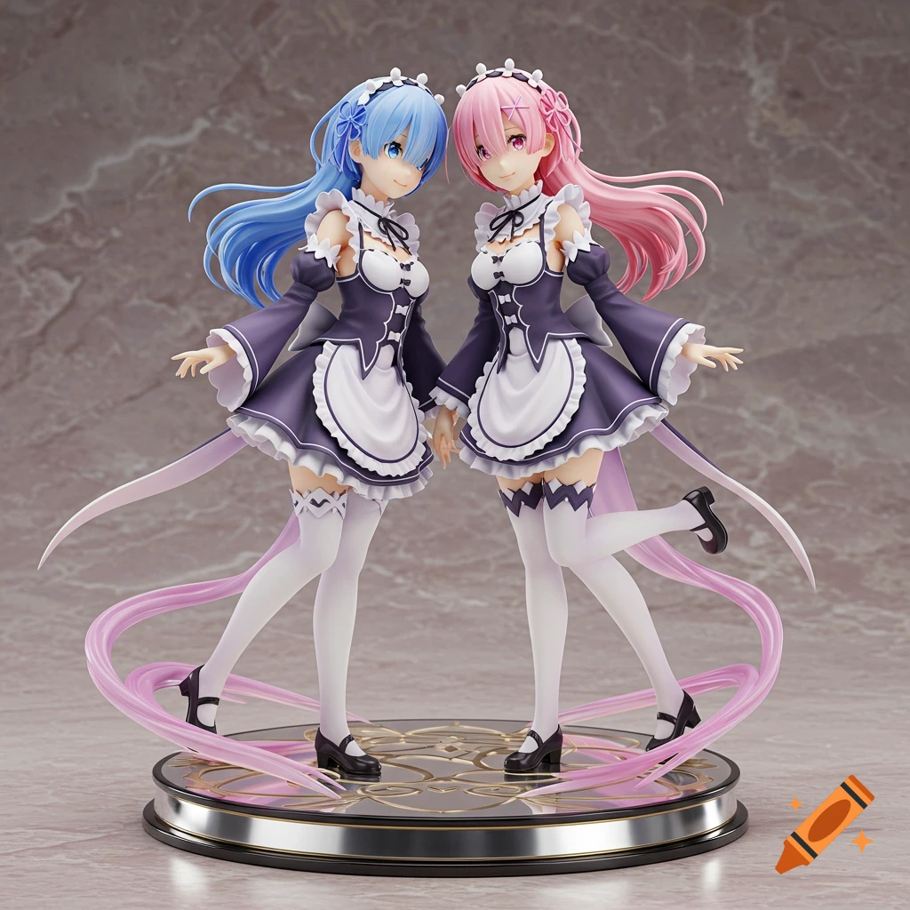Two anime figures, Rem with blue hair and Ram with pink hair, in maid outfits, standing on a circular base.
