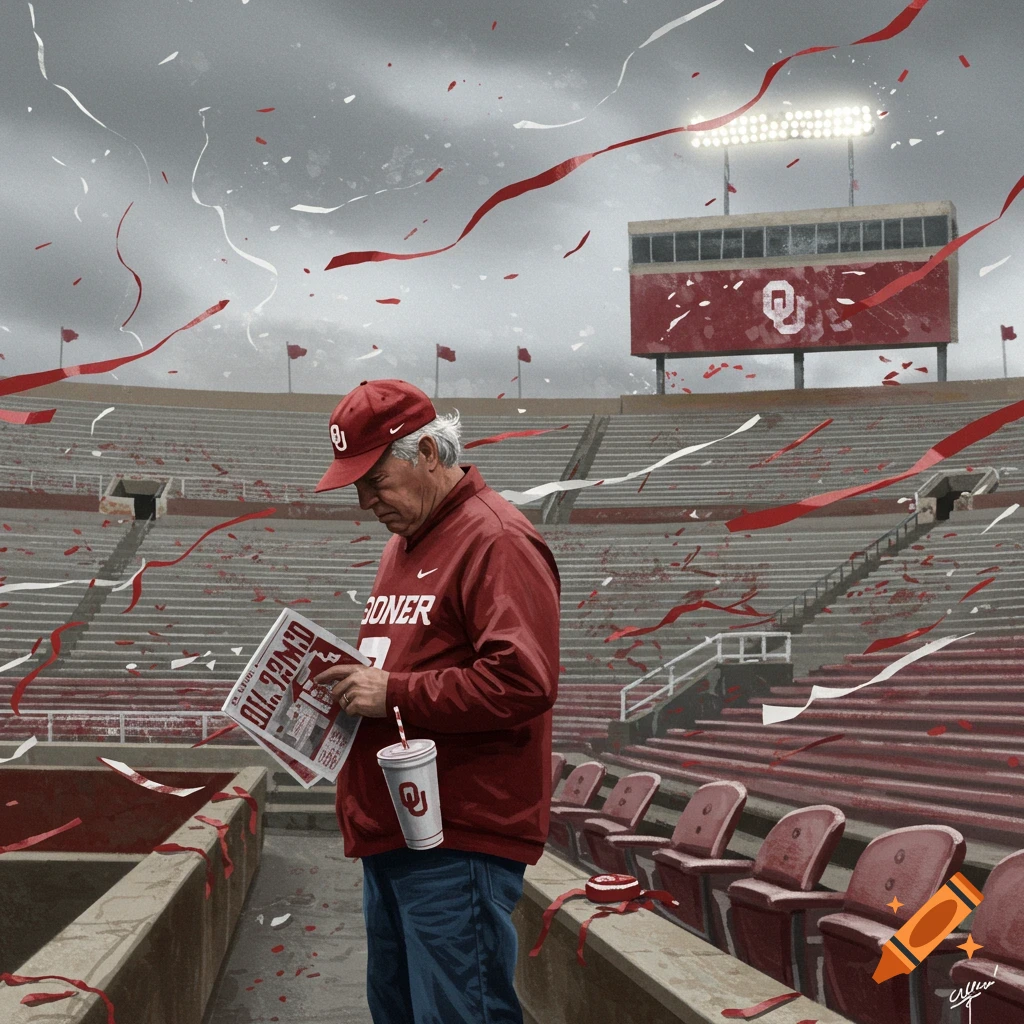 A sad, older Oklahoma Sooners football fan in a red jacket and cap holds a newspaper and cup in an empty stadium, confetti falling around him. Stylized digital art.