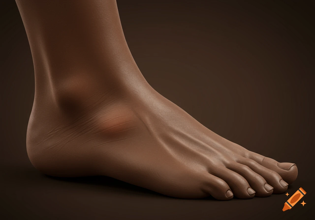 A realistic close-up of a dark brown human foot, showing a swollen ankle with signs of arthritis on a dark brown background.