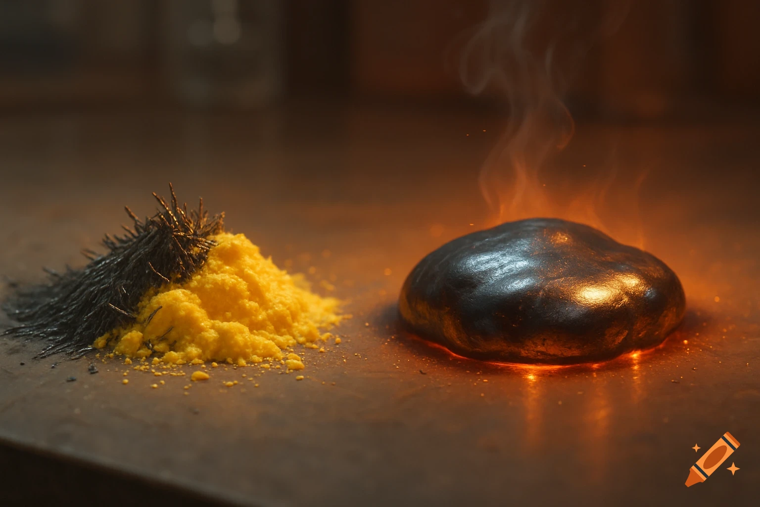 A chemical reaction with yellow powder and dark filings next to a glowing, smoking metallic blob on a dark surface.