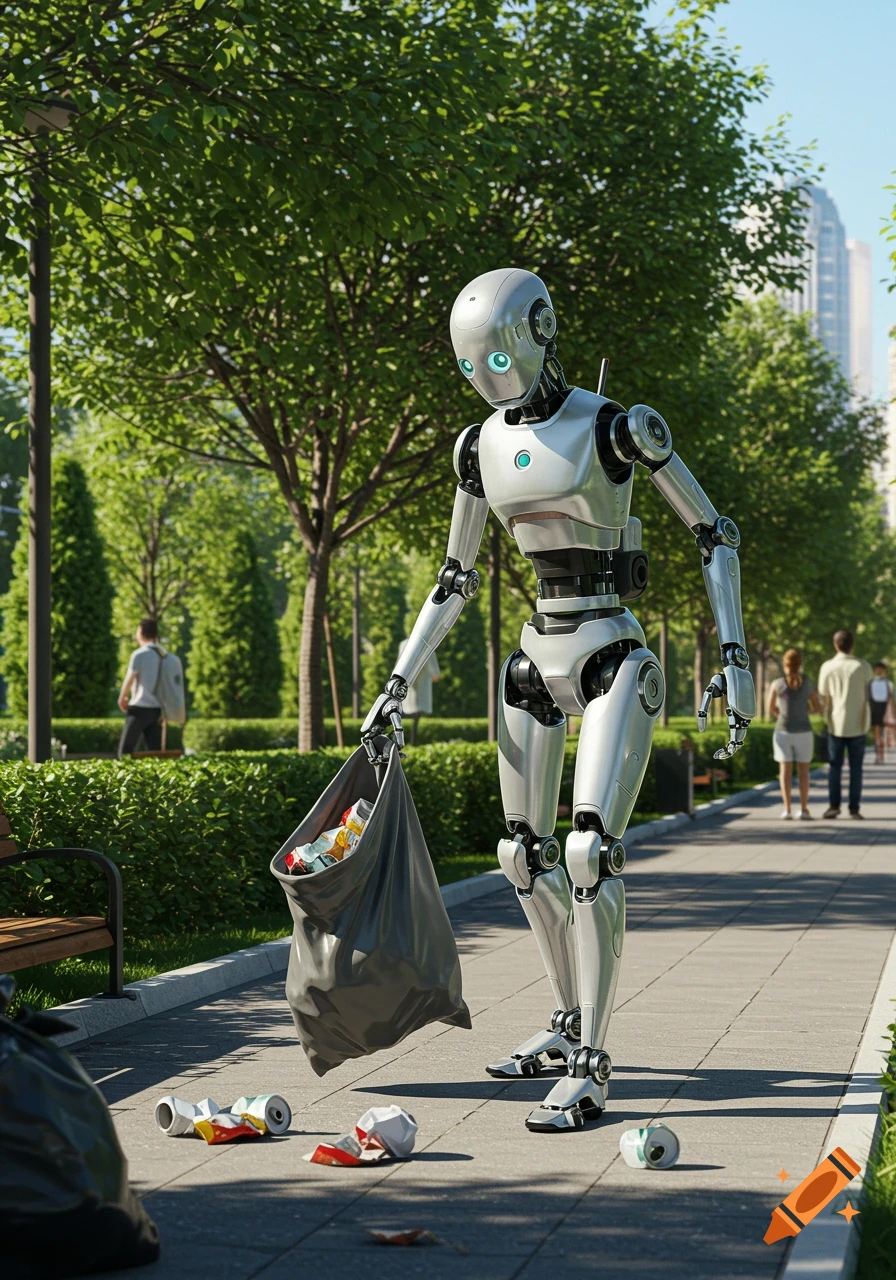A silver robot picks up trash on a paved path in a sunny park with green trees and people in the background, photorealistic style.