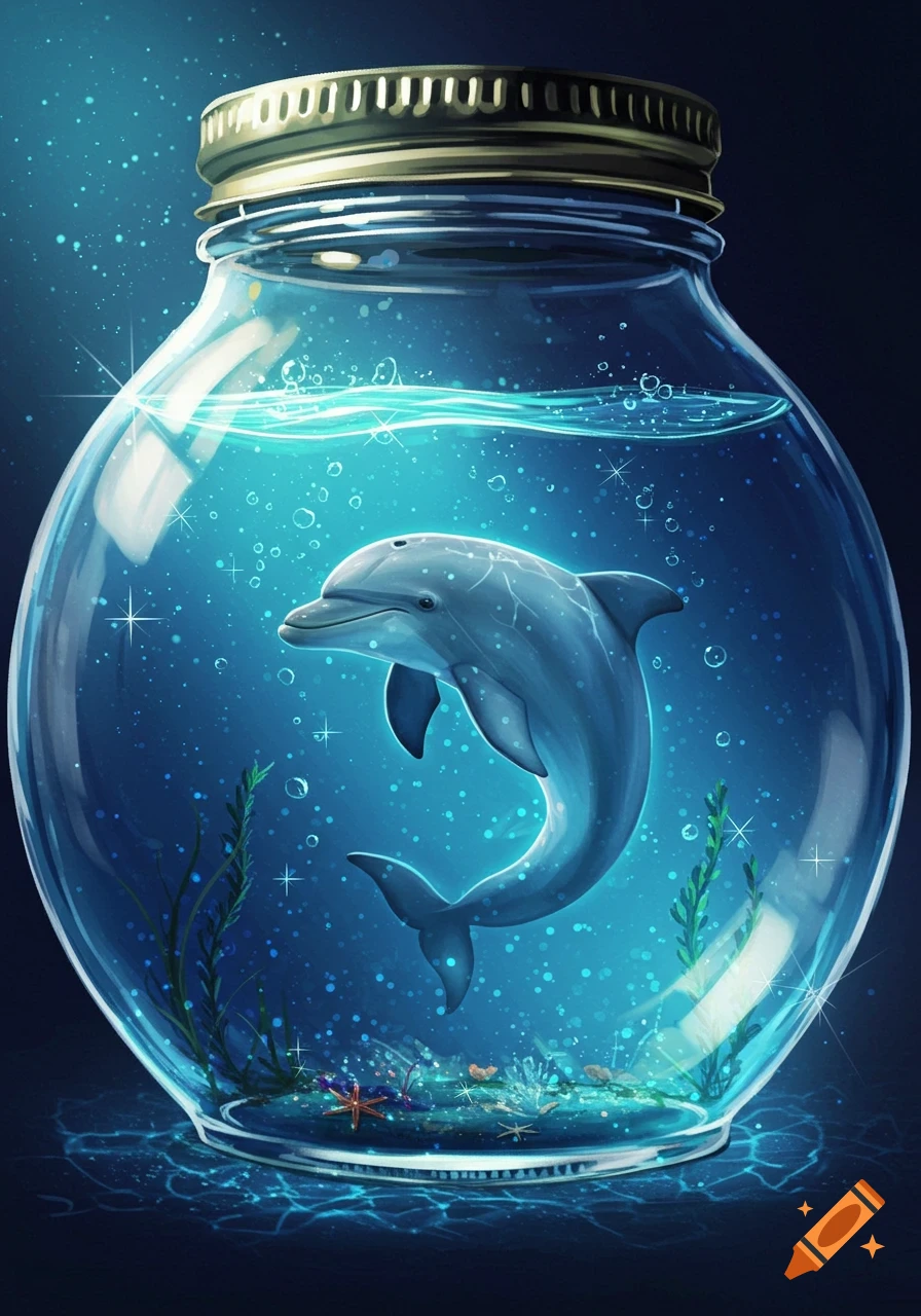 A charming digital illustration of a dolphin swimming in a glass jar filled with twinkling blue water, aquatic plants, and starfish.