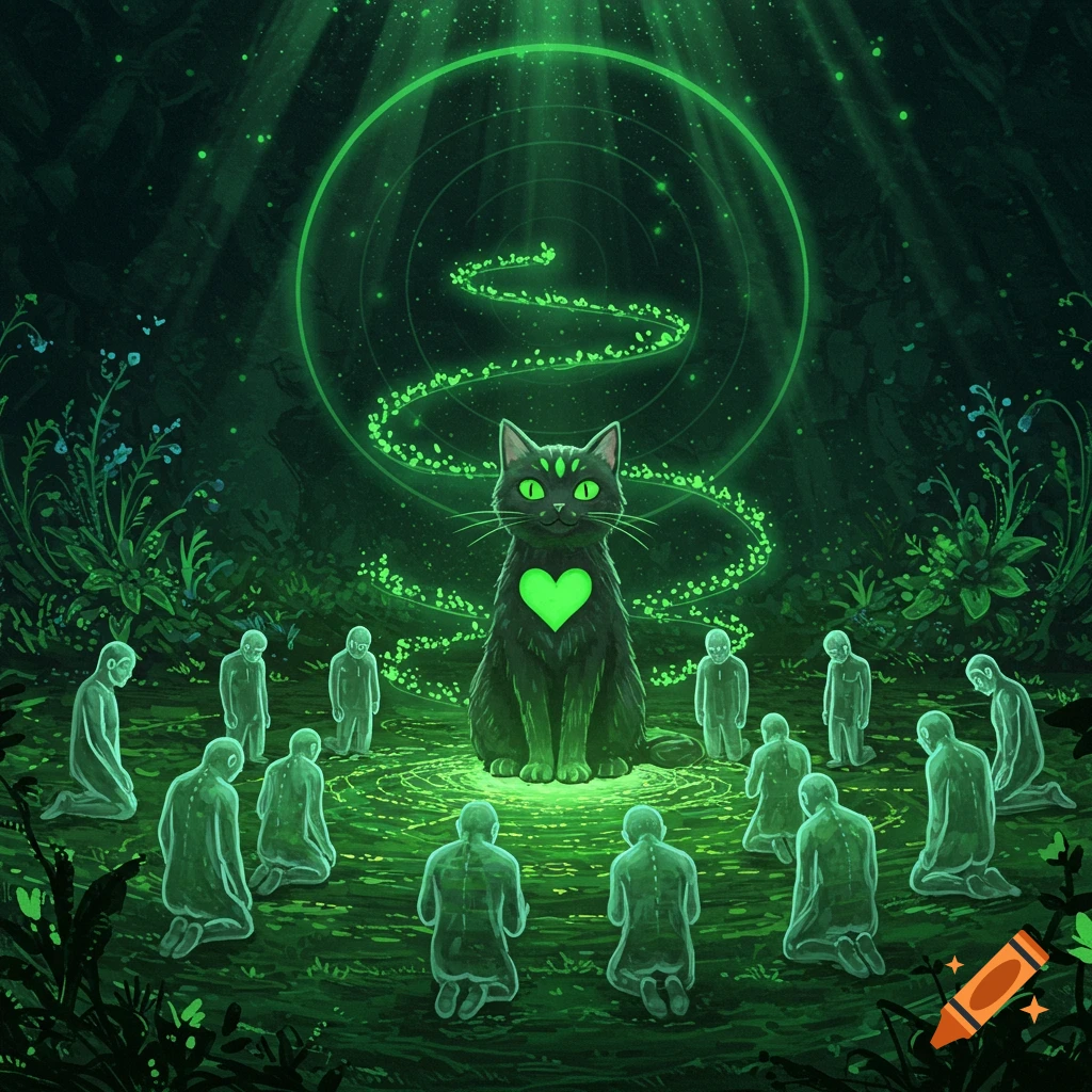 A large black cat with glowing green eyes and heart sits in a dark, mystical forest, surrounded by ethereal kneeling figures bathed in green light.