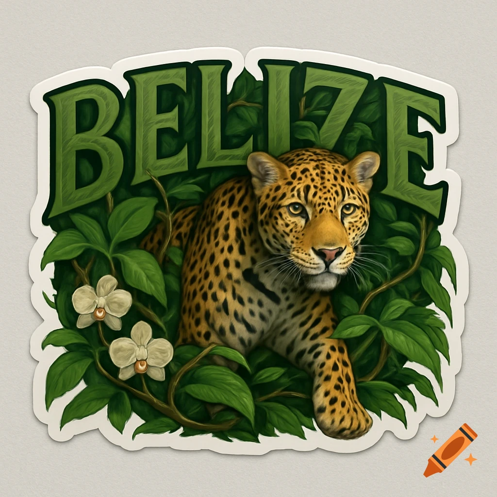 A realistic jaguar amidst green rainforest leaves and white orchids, with the word BELIZE behind it, in a die-cut sticker design.