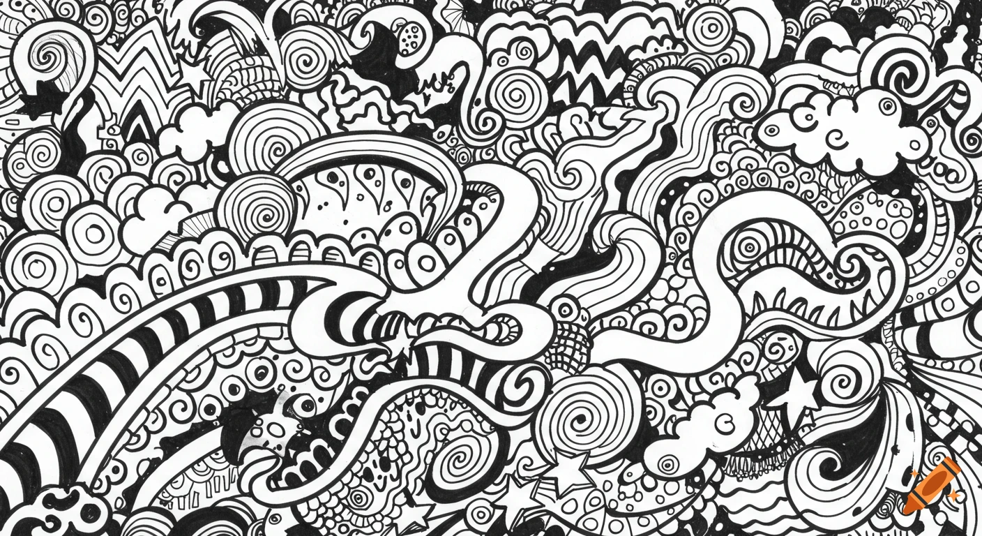 A busy black and white doodle featuring abstract shapes, swirls, lines, stars, and cloud-like patterns.