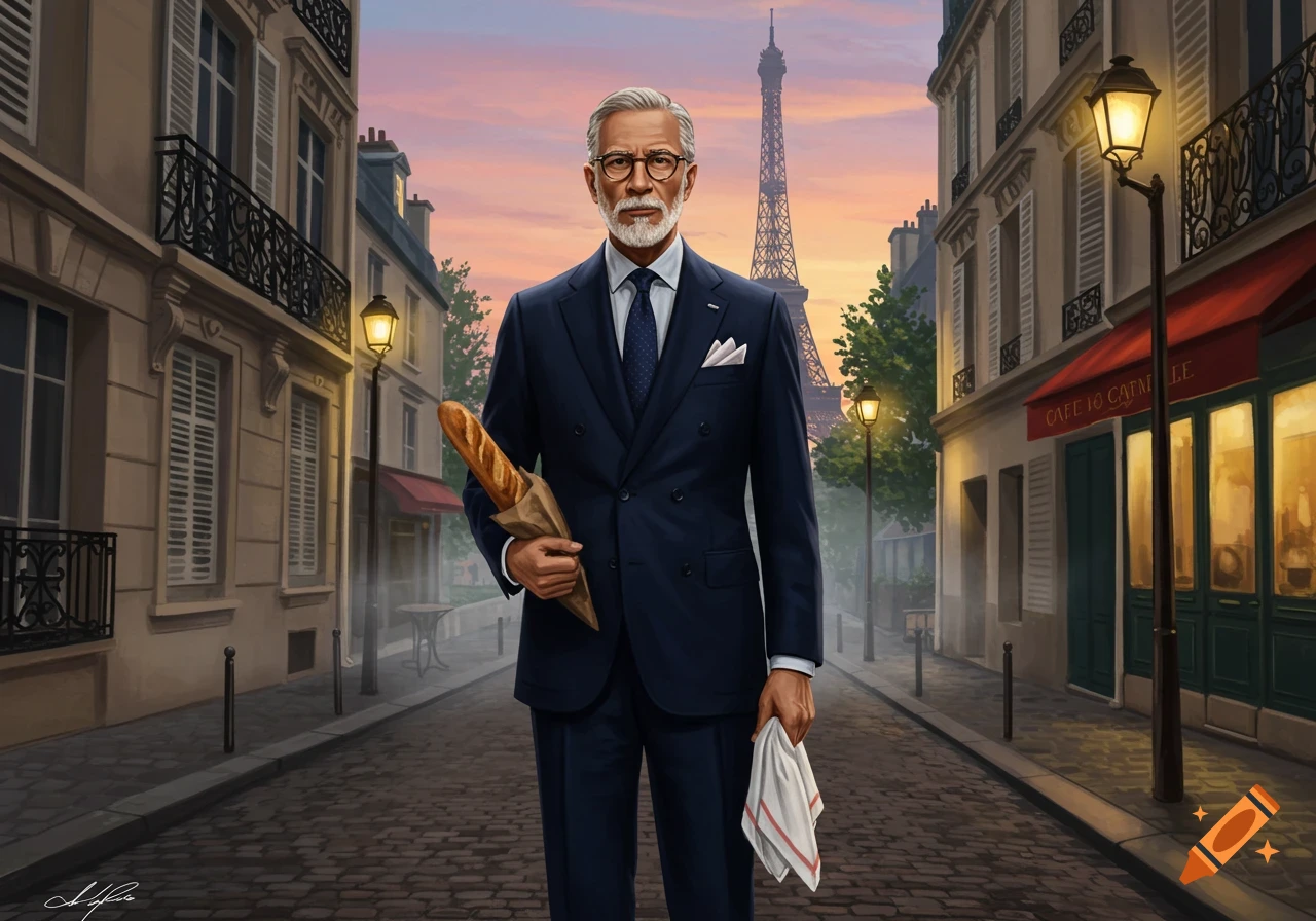 A distinguished older man in a navy suit holds a baguette and a napkin on a cobbled street in Paris, with the Eiffel Tower visible in the background at sunset.
