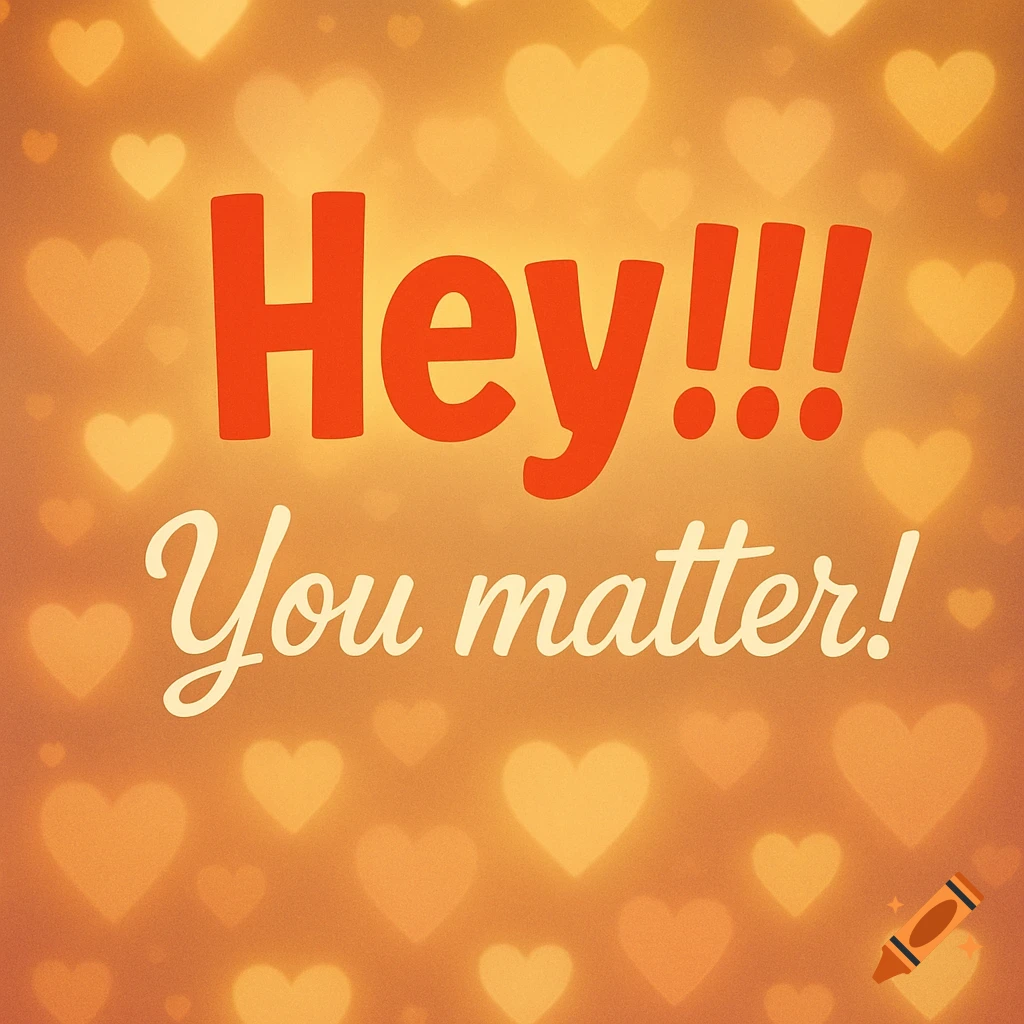 Red 'Hey!!!' and white 'You matter!' text on a warm, glowing background with blurred heart shapes.