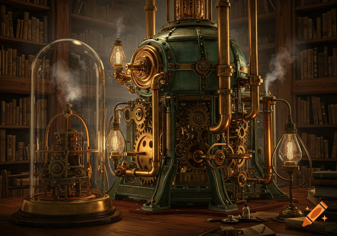 An intricate steampunk machine with gears, brass pipes, and illuminated ...