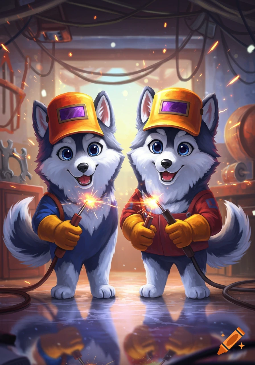 Two cute cartoon huskies in welding helmets and overalls smile while welding, with sparks flying in a workshop.