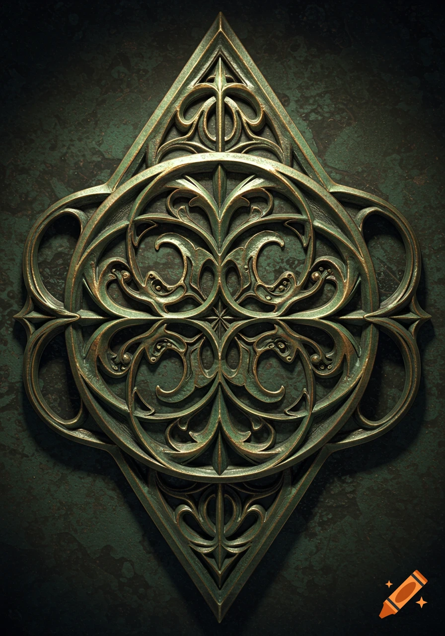 Ornate gothic magical glyph sculpture in weathered bronze-green on a dark green background.