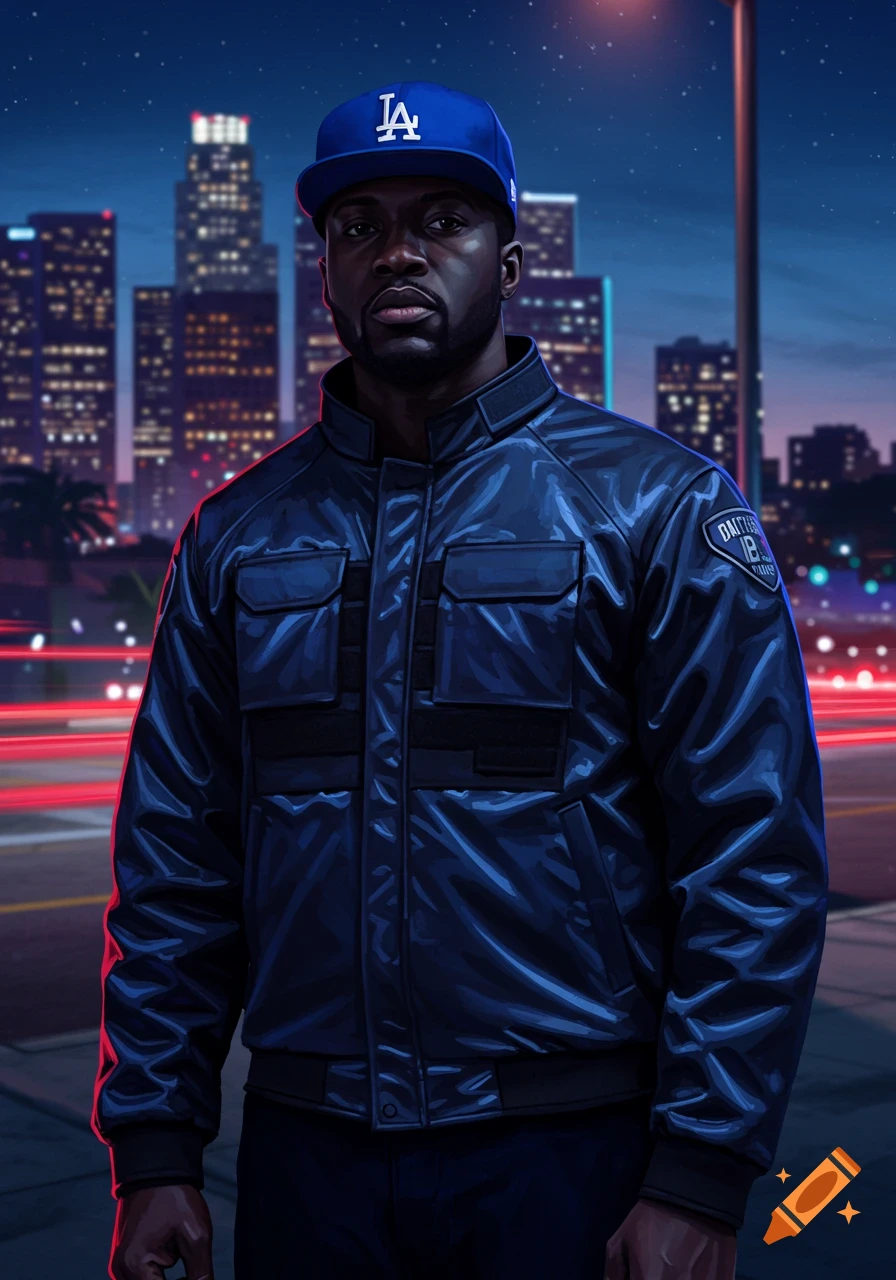 Stylized portrait of a Black man wearing a blue Dodgers baseball cap and a dark blue jacket, standing in a city at night with blurred red lights in the background.