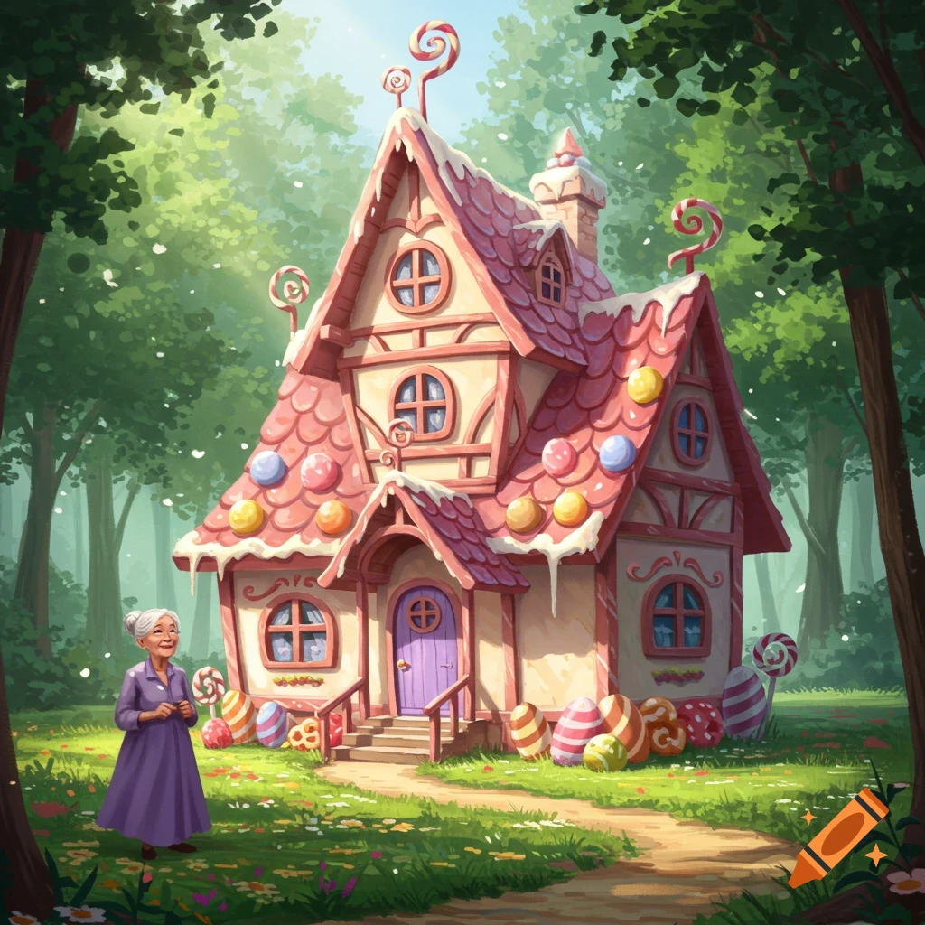 A whimsical candy-covered gingerbread house stands in a sunlit forest clearing with an old woman in a purple dress nearby.