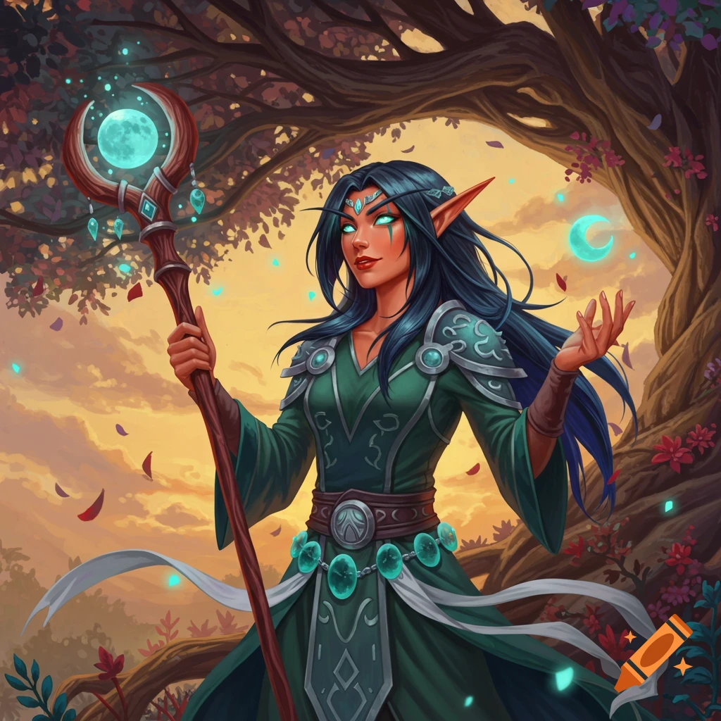 An elf priestess in green robes with glowing eyes holds a magic staff under a large tree with autumn leaves at dusk.