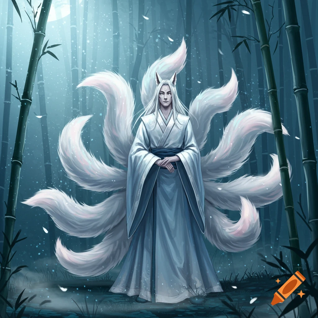 A male kitsune with white hair and nine white tails stands in a mystical moonlit bamboo forest, in an anime art style.