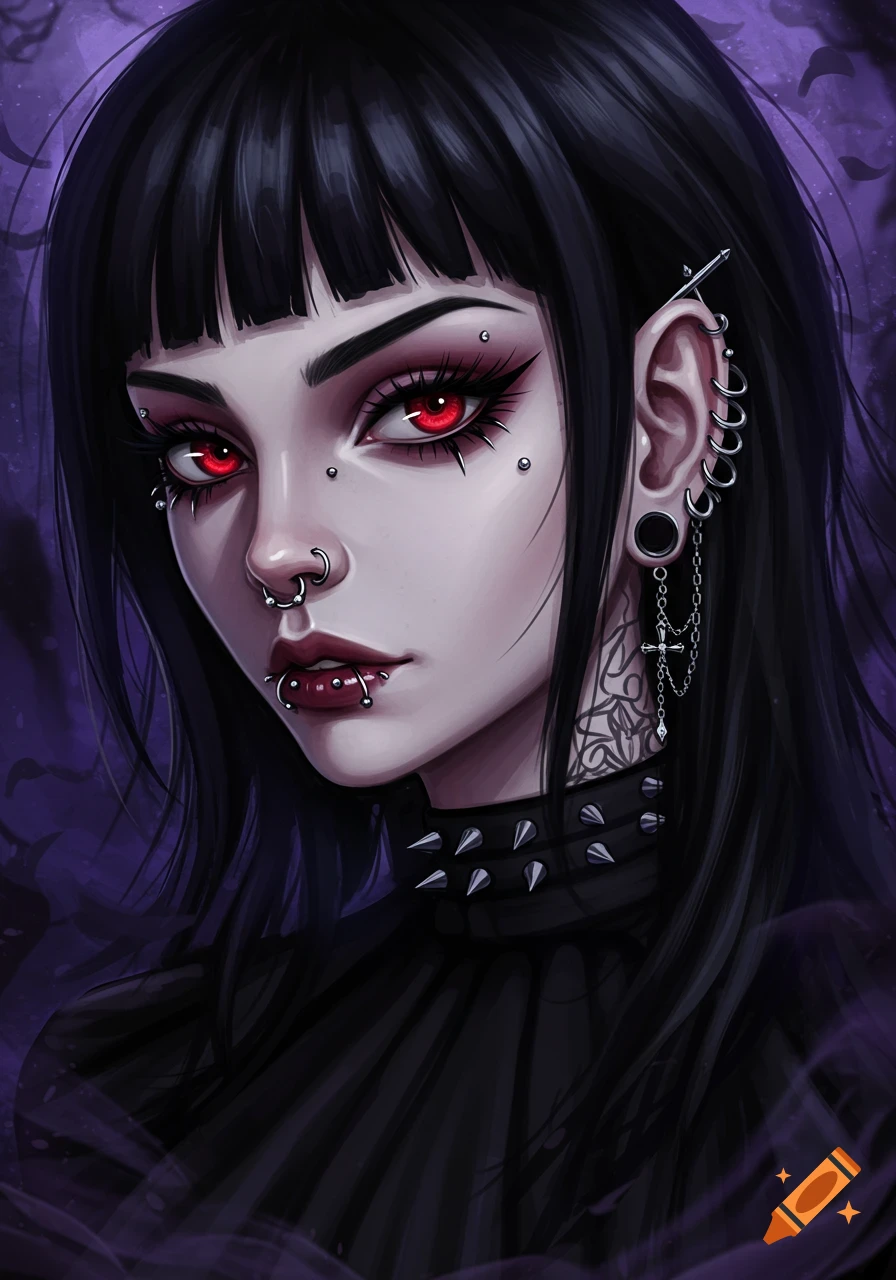 An anime-style portrait of a goth woman with black hair, bright red eyes, and numerous facial and ear piercings, against a dark purple background.