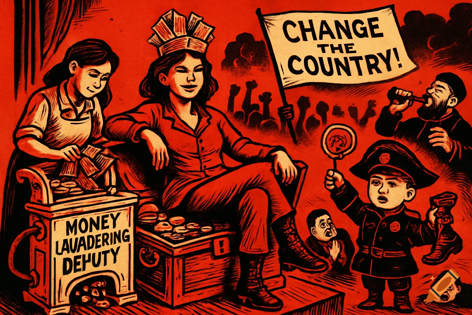 A satirical red and black cartoon shows a woman with a money crown on a gold chest. Another woman washes money in a machine labeled "MONEY LAVADERING DEPUTY." A child in a general's uniform holds a magnifying glass. A flag in the background reads "CHANGE THE COUNTRY!" with a crowd of raised fists.