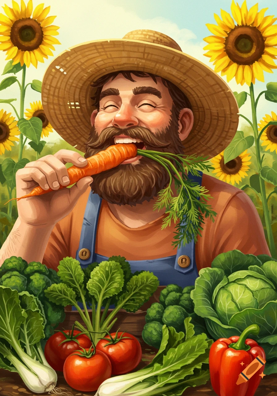 A joyful bearded farmer in a straw hat bites into a fresh carrot, surrounded by a vibrant harvest of vegetables and sunflowers.