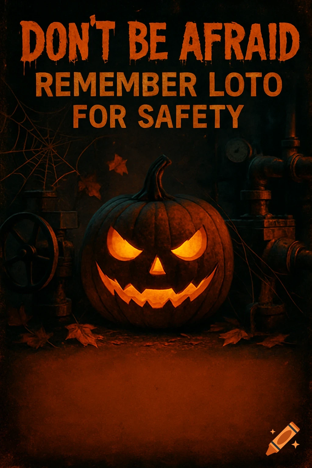 A glowing jack-o'-lantern with text 'DON'T BE AFRAID REMEMBER LOTO FOR SAFETY' on a dark, spooky Halloween poster with industrial pipes and spiderwebs.