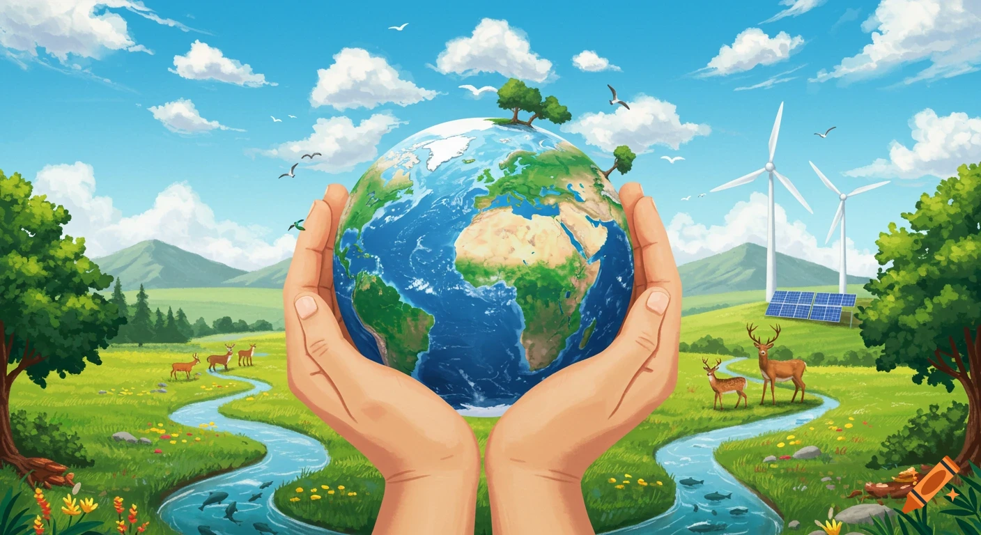 Hands cradle a vibrant Earth over a lush, cartoon landscape with rivers, deer, wind turbines, and solar panels.