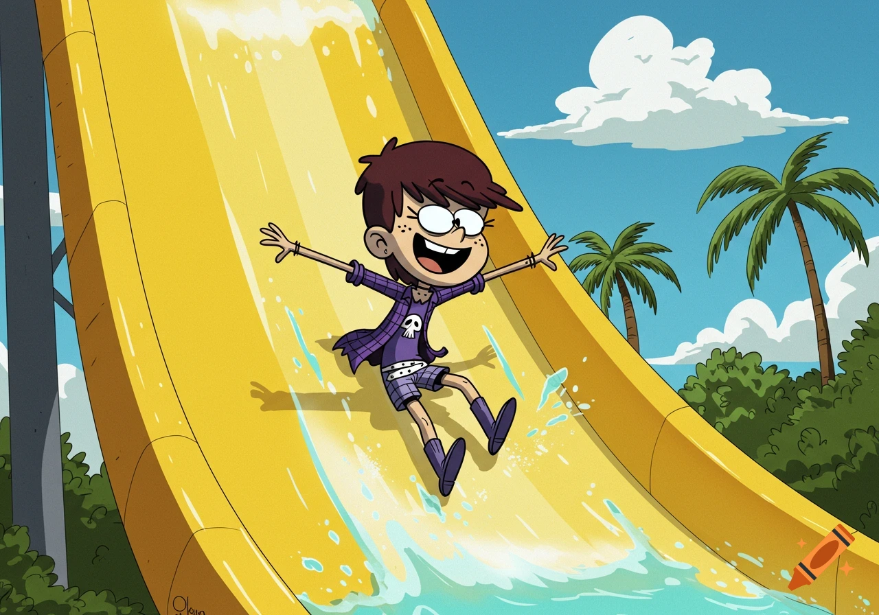Luna Loud from The Loud House happily slides down a yellow water slide, splashing water in a vibrant cartoon style.