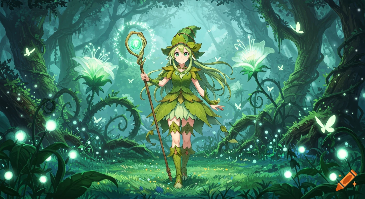 An anime magical girl in a leaf-layered dress and hat, holding a glowing staff, stands in a mystical green forest with luminous plants and butterflies.