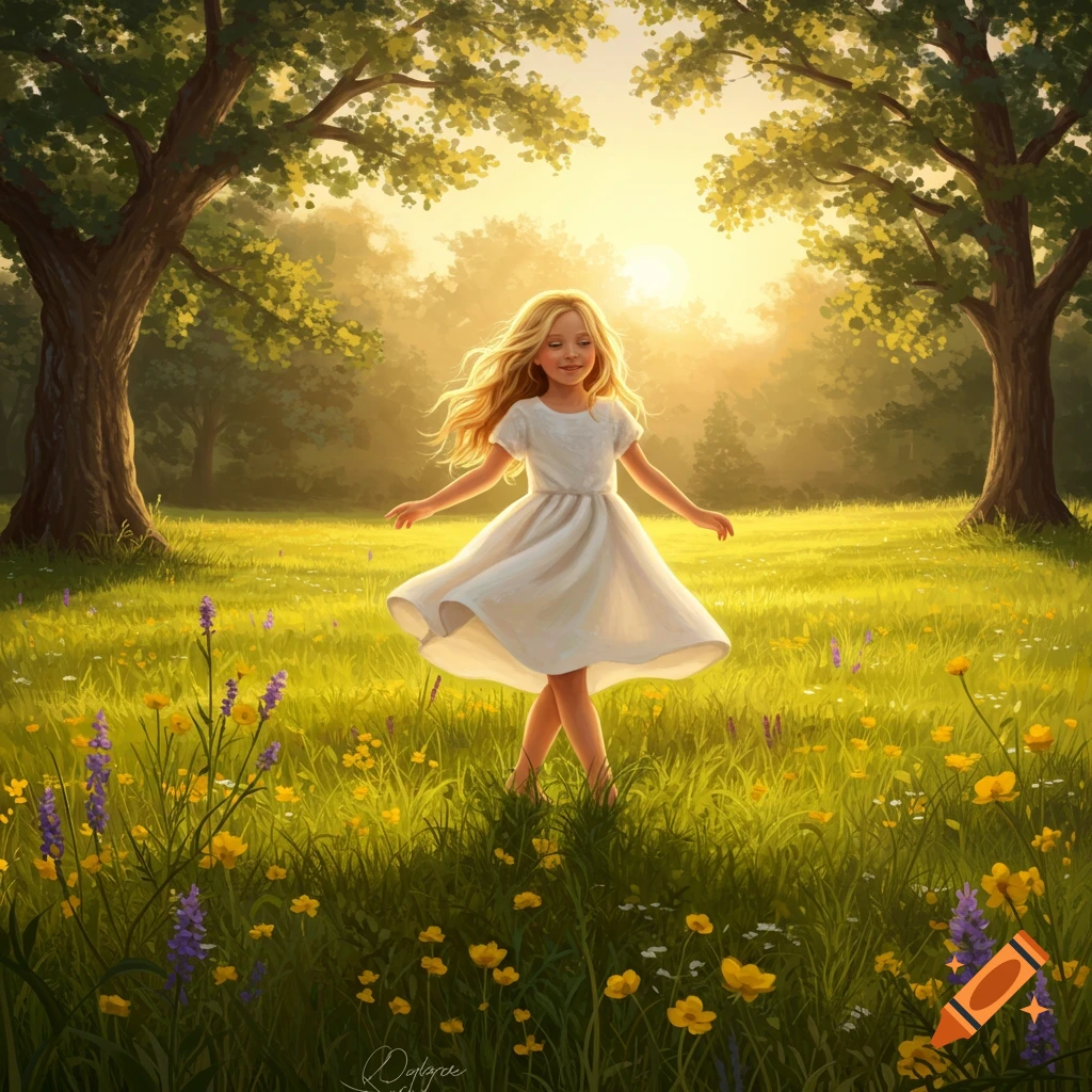 A happy blonde girl in a white dress twirls in a sunlit meadow with ...