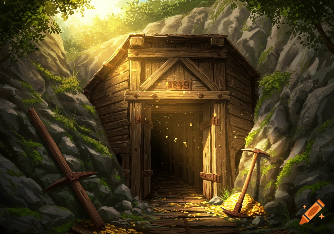Stylized illustration of an old wooden 1849 gold mine entrance, bathed in sunlight, with scattered gold and pickaxes.