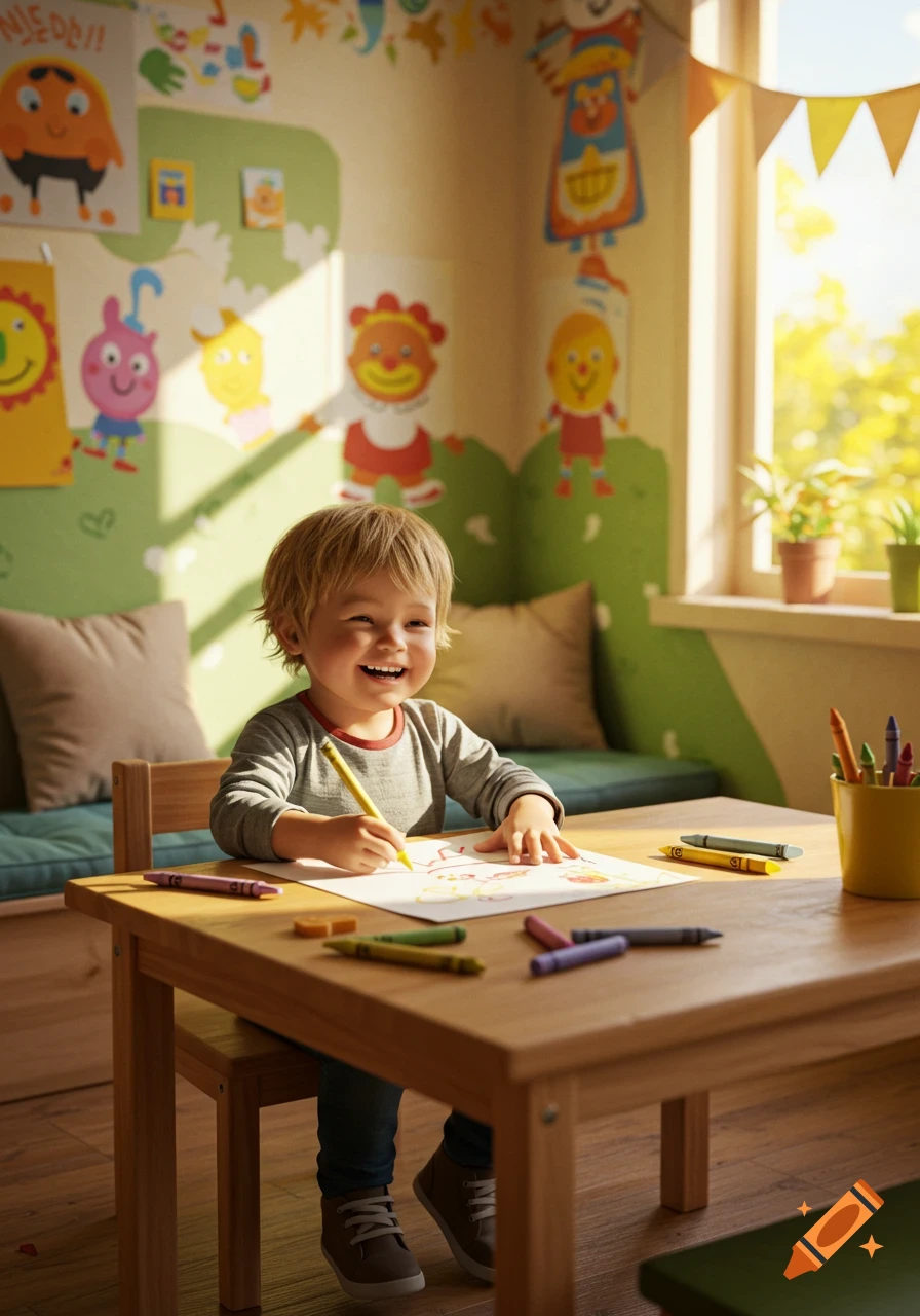 A happy young child sits at a wooden table in a sunlit playroom, drawing on paper with a yellow crayon, surrounded by colorful art.