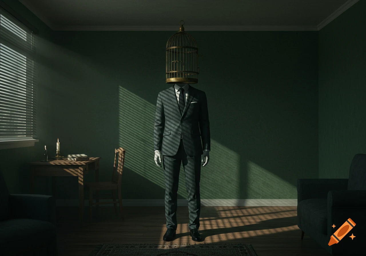 A man in a dark suit stands centrally in a dark green room, with an empty golden birdcage where his head should be. Sunlight streams through blinds.