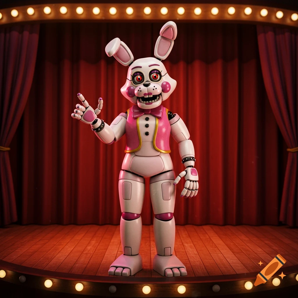 A white animatronic bunny with a pink vest, bow tie, and glowing red eyes, one slightly loose, stands on a spotlighted wooden stage with red curtains.