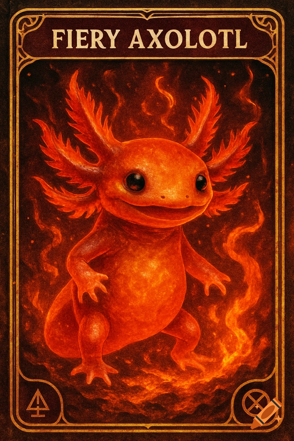 A cute, orange, fiery axolotl creature with large gills, standing amidst flames on a dark brown trading card with ornate borders and the text "FIERY AXOLOTL" at the top.