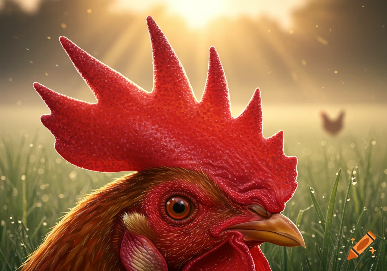 Close-up of a rooster with a prominent red comb and wattle, golden sunrise over a misty, dewy field in the background.
