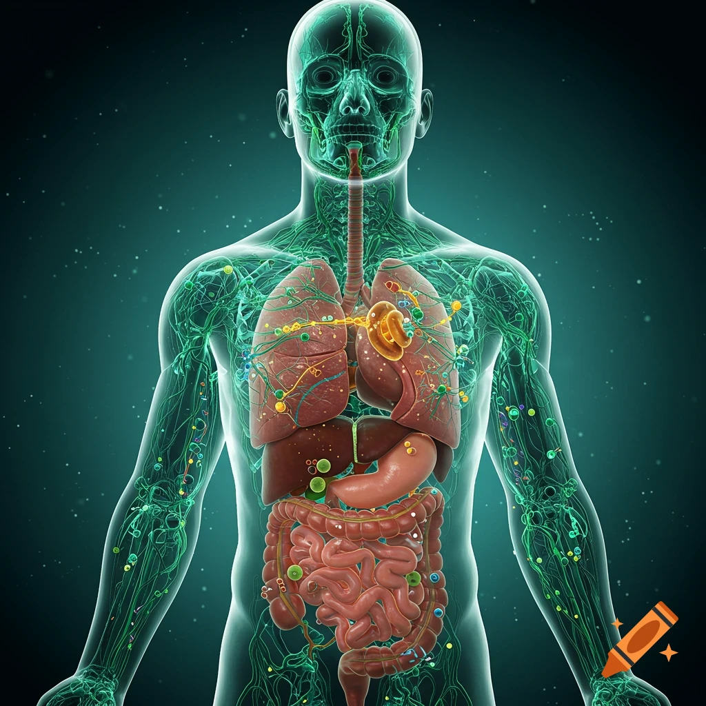3D rendering of a human torso showing internal organs, bones, and glowing green lymphatic and nervous systems against a dark background.