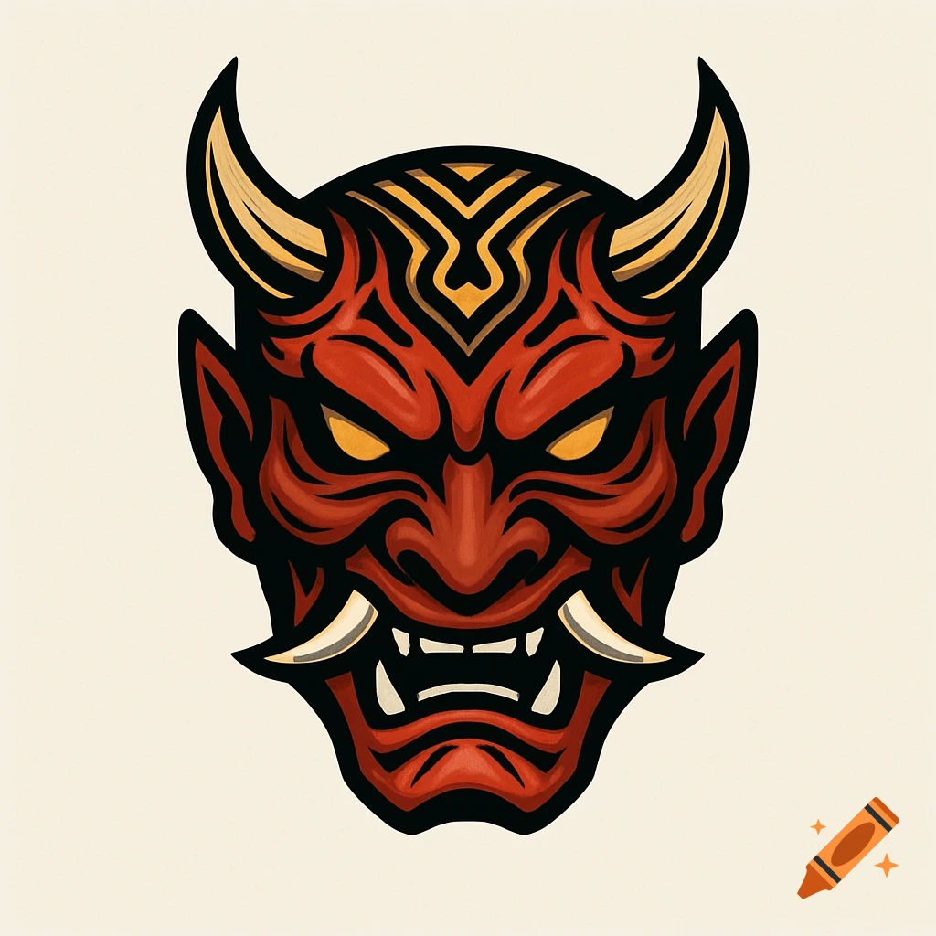 A stylized red and gold Japanese oni mask with horns and fangs, designed as a logo on a light background.