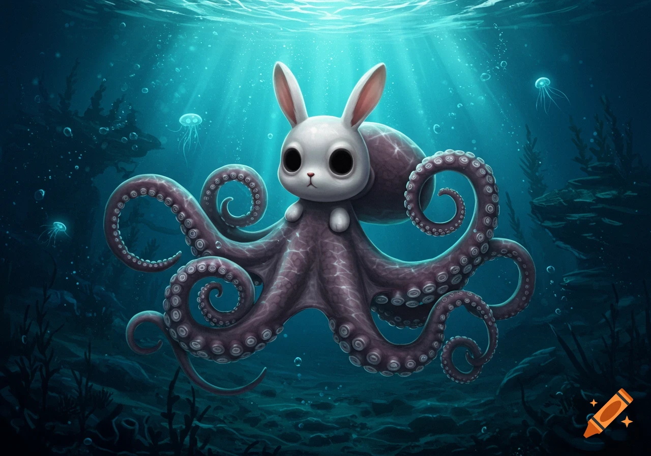 A cute, white, hollow-eyed bunny creature with a purple octopus body and many tentacles swims in a deep blue underwater scene with jellyfish and plants.