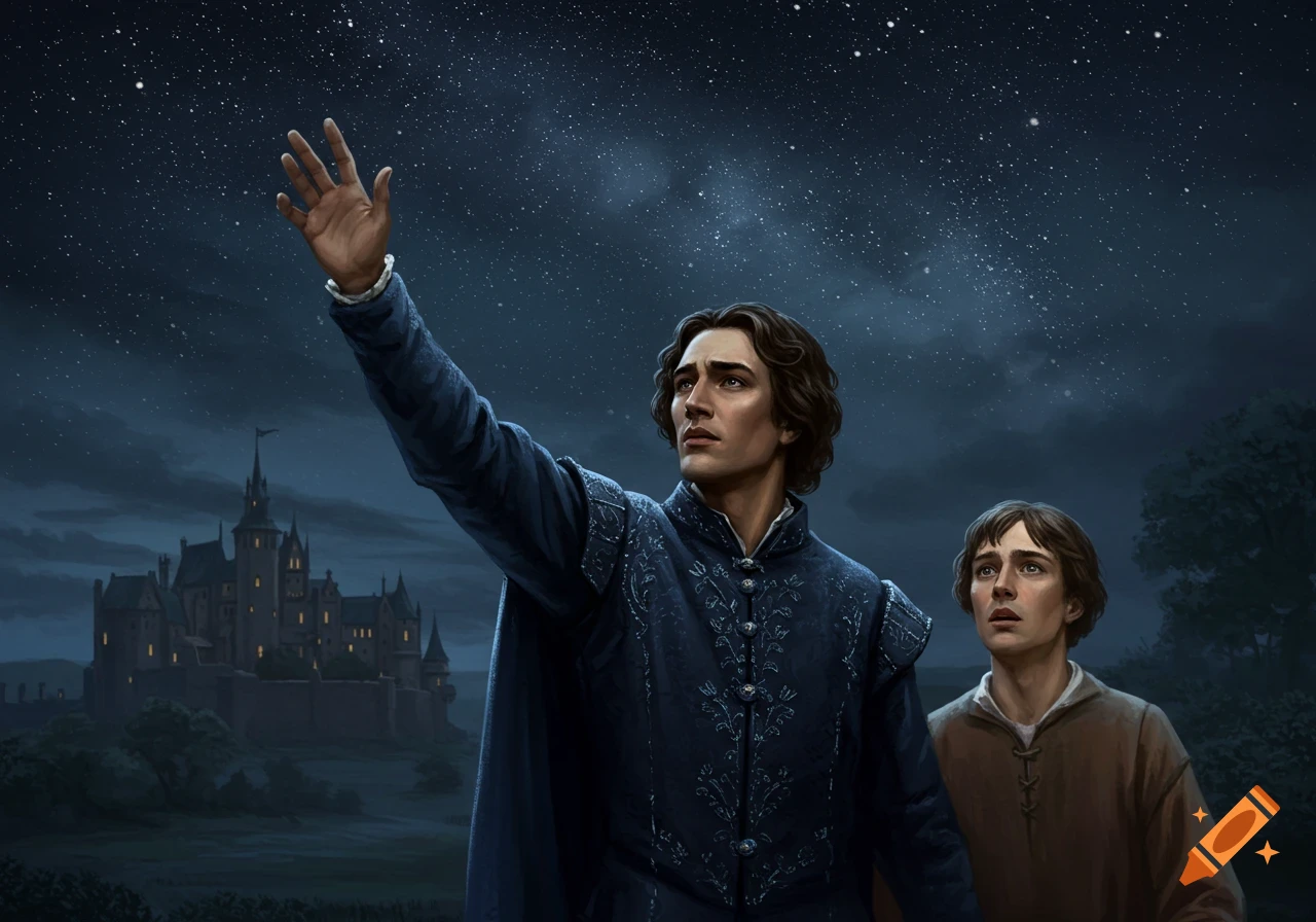 Two young men in historical clothing, one pointing to the starry night sky, the other looking up in awe, with a castle in the background.