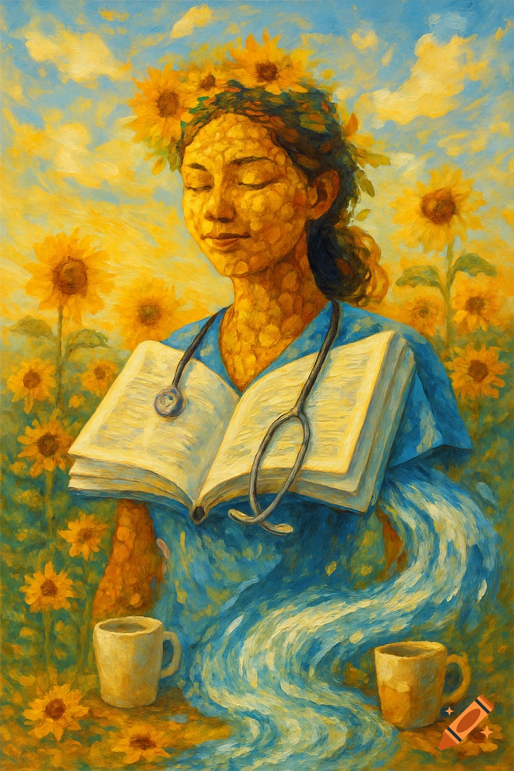 A symbolic painting of a nursing student with eyes closed, her face and hair textured with sunflowers. She holds an open book and stethoscope, with sunflowers, flowing water, and coffee cups around her.