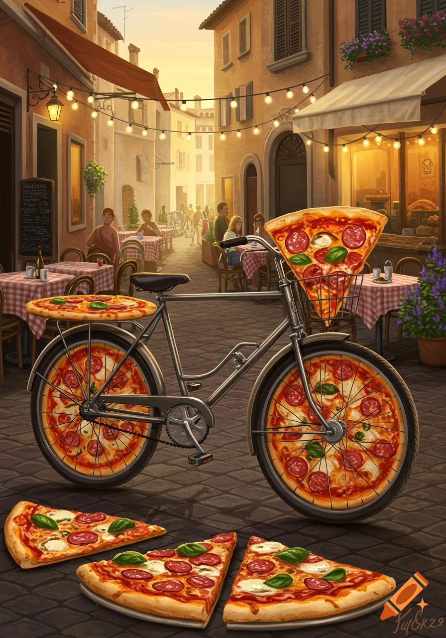 A stylized illustration of a bicycle with pizza for wheels and in a front basket, parked on a sunlit cobblestone street in a European town with pizza slices on the ground.