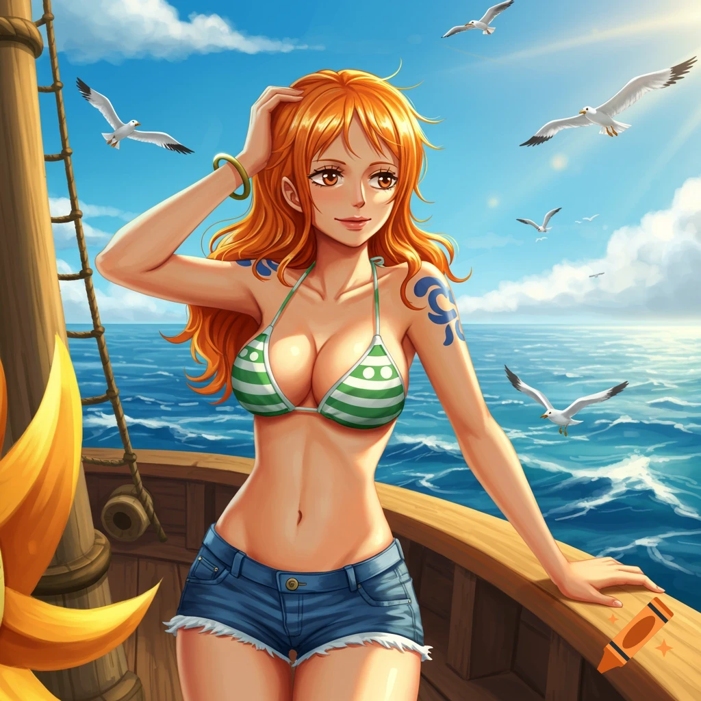 Anime woman with orange hair in a bikini top and shorts poses on a boat deck under a sunny sky with seagulls.
