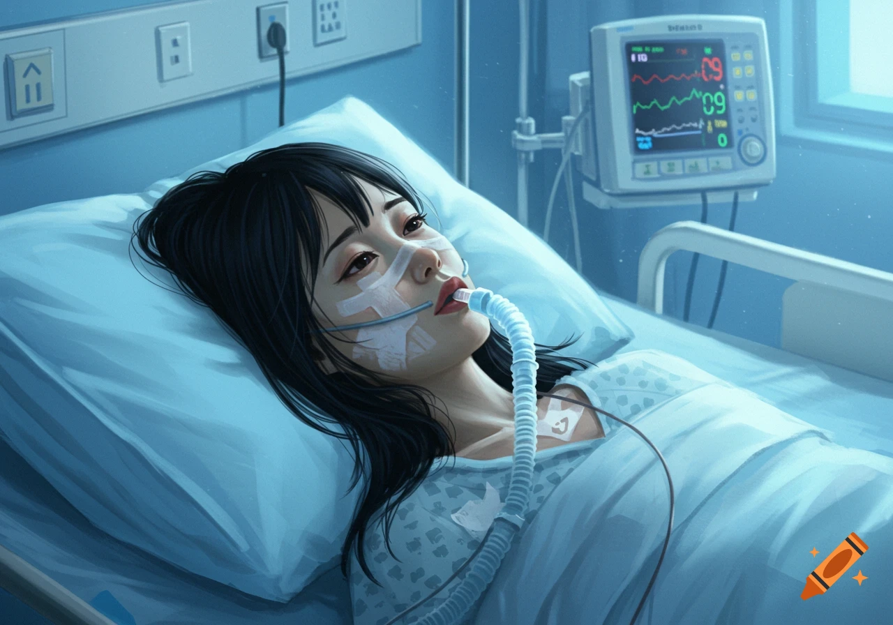 A young Japanese woman lies intubated in an ICU bed with a heart monitor  visible, in an anime art style. on Craiyon, image size:1280x896