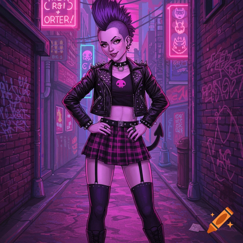A punk girl with a purple mohawk, black leather jacket, and plaid skirt stands in a neon-lit city alley.
