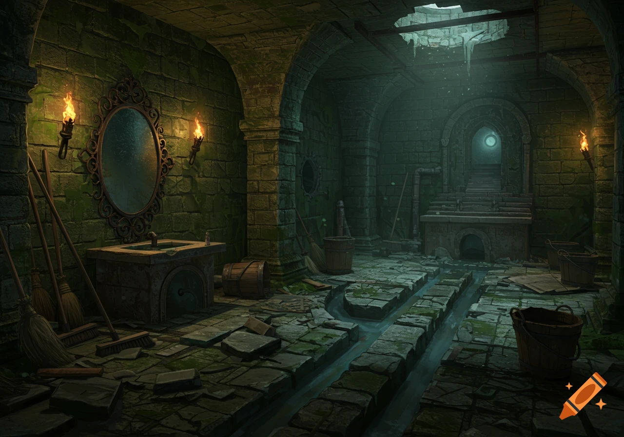 Dimly lit medieval dungeon with green mossy stone walls, an ornate mirror, old brooms, buckets, and a water channel.