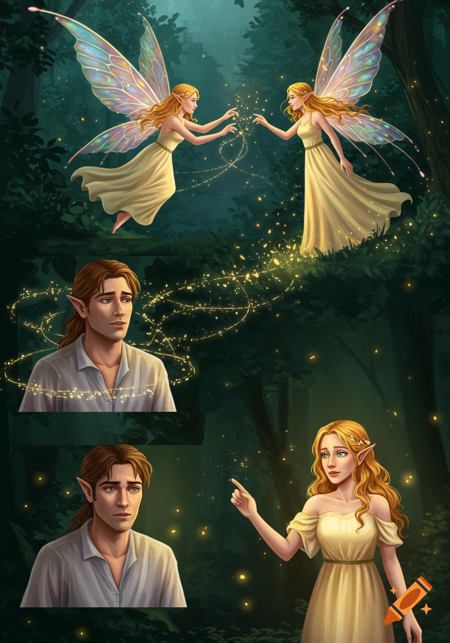 Multi-panel digital art showing two fairies performing magic in a forest, transforming a male elf into a female elf.