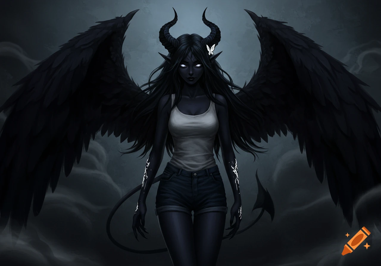 A dark fantasy illustration of a demon woman with black skin, large black wings, horns, a tail, glowing white eyes, and a white butterfly clip.